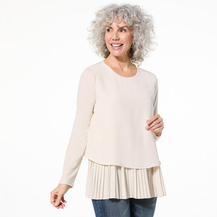 DG2 by Diane Gilman Long-Sleeve Pleated Peplum Easy Top - Silky Crepe Knit