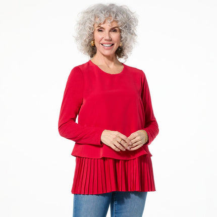 DG2 by Diane Gilman Long-Sleeve Pleated Peplum Easy Top - Silky Crepe Knit