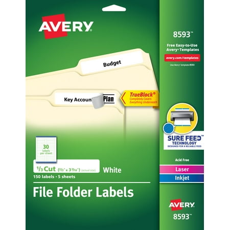 Avery File Folder Labels with TrueBlock Technology, Permanent Adhesive, 2/3" x 3-7/16", Laser/Inkjet, 150 Labels (08593)