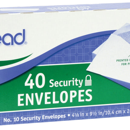 Mead #10 Envelopes, Security Printed Lining for Privacy, Gummed Closure, All-Purpose 20-Ib Paper, 4-1/8" x 9-1/2", White, 40 Letter Size Envelopes per Box (75214)