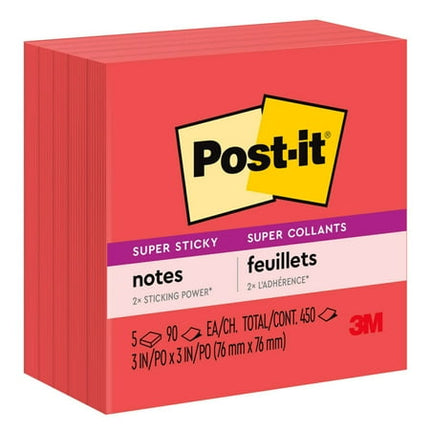 Post-it Super Sticky Notes, 5 Sticky Note Pads, 3 x 3 in., School Supplies for Students, Ideal for Textbooks, Notebooks, Walls and Vertical Surfaces, Single Color Packs Collection, Candy Apple Red