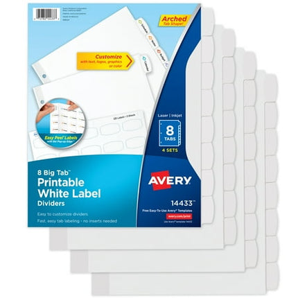Avery Big Tab Printable White Label Dividers with Easy Peel, 8 Tabs, 4 Sets (14433)