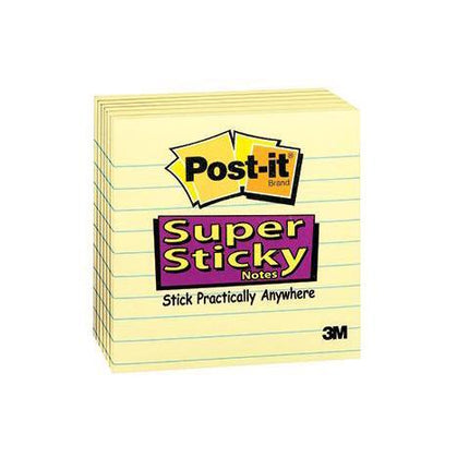 Post-it Super Sticky Lined Notes, 6 Sticky Note Pads, 4 x 4 in., School Supplies for Students, Ideal for Textbooks, Notebooks, Walls and Vertical Surfaces, Canary Yellow