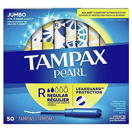 Tampax Pearl Tampons Regular Absorbency, With Leakguard Braid, Unscented, 50 Count (Packaging May Vary)