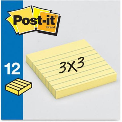 Post-it Notes, 3 in x 3 in, 12 Lined Sticky Notes Pads, 100 Sheets per Pad, The Iconic Canary Yellow Note, School Supplies and Oﬃce Products