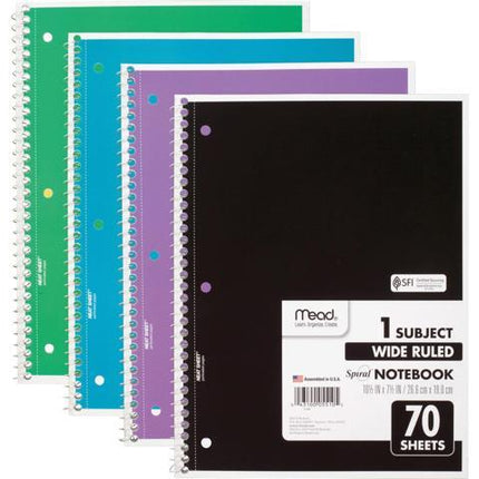 Mead Spiral Notebook, 4 Pack, 1-Subject, Wide Ruled Paper, 7-1/2" x 10-1/2", 70 Sheets per Notebook, Colors Will Vary (72873)