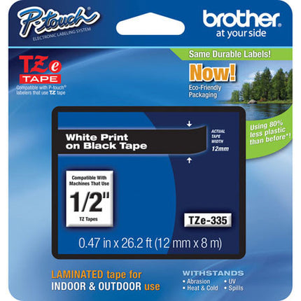 Brother Genuine P-touch TZE-335 Label Tape, 1/2" (0.47") Standard Laminated P-touch Tape, White on black, Laminated for Indoor or Outdoor Use, Water Resistant, 26.2 Feet (8M), Single-Pack