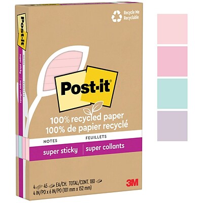Post-it 100% Recycled Paper Super Sticky Notes, Lined, 4 in. x 6 in., 4 Pads, 45 Sheets per Pad, Wanderlust Pastels, School Supplies and Office Products