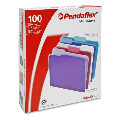 Pendaflex Two Tone Color File Folders, Letter Size, Assorted Colors (Teal, Violet, Gray, Navy and Burgundy), 1/3-Cut Tabs, 5 Color, 100/Box, (02315)