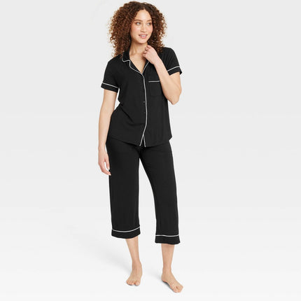 Women's Cloud Knit Short Sleeve Notch Collar Top and Cropped Pants Pajama Set - Auden Black XS: Modal Spandex Blend (Please be advised that sets may be missing pieces or otherwise incomplete.)