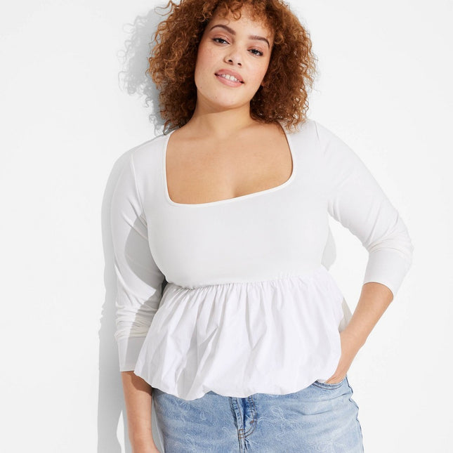 Women's Long Sleeve Squareneck Bubble Top - Wild Fable White XXL: Recycled Nylon, Spandex, Cropped Knit