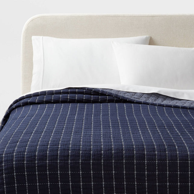 Full/Queen Yarn Dye Crinkle Grid Quilt Navy Blue/Ivory - Threshold: Weave, Machine Washable, OEKO-TEX Certified