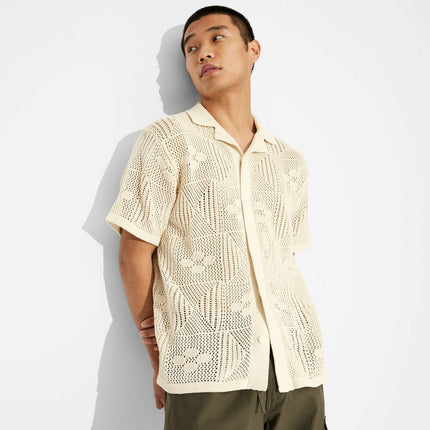 Men's Short Sleeve Knit Button-Down Shirt- Original Use™ Cream L: Casual Polo Collar, Lightweight Cotton Blend