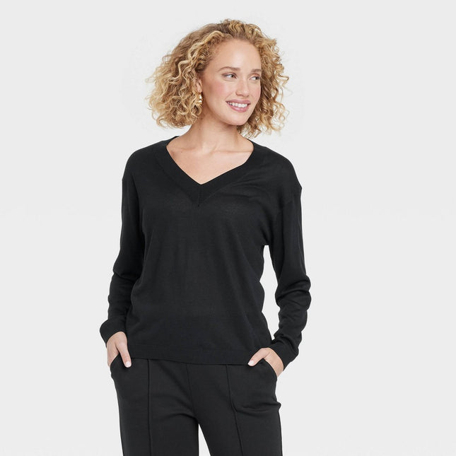 Women's Fine Gauge V-Neck Pullover Sweater - A New Day Black XS