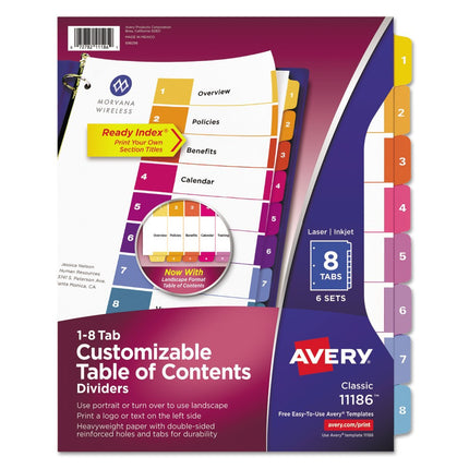 Avery 8 Tab Dividers for 3 Ring Binders, Customizable Table of Contents, Multicolor Tabs, 6 Sets (11186)