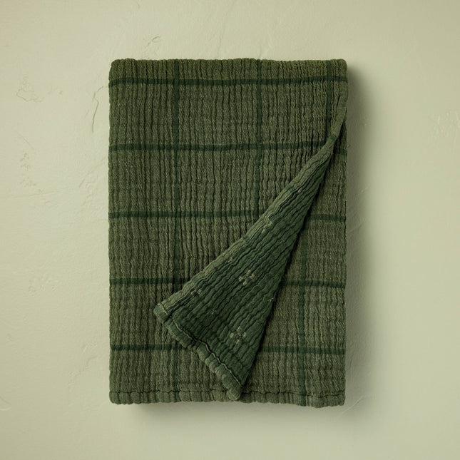 Grid Matelassé Throw Blanket Dark Green - Hearth & Hand with Magnolia: Midweight Cotton, 50" x 60", Farmhouse Style