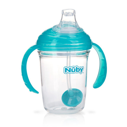 Nuby No Spill 360 Weighted Straw Grip N' Sip Tritan Cup with Hygienic Cover, 8 Oz, Trainer Cup, Teal Blue