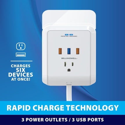 Bell + Howell Power Pro Outlet Extender 3 AC Outlets 3 USB Ports