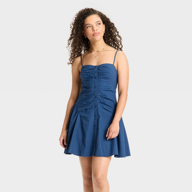 Women's Button-Front Poplin Mini A-Line Dress - Wild Fable Blue Denim S