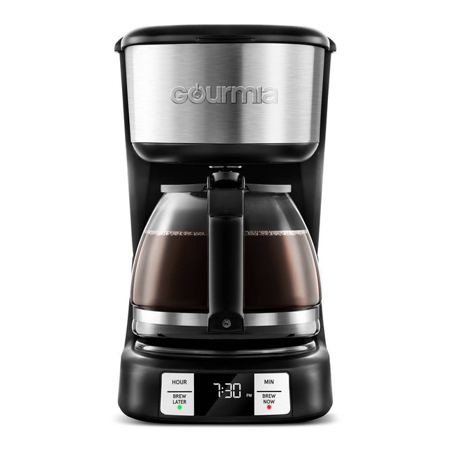 Gourmia GCM3518 5-Cup Programmable Drip Coffee Maker, Brew Later Timer, Adjustable 4-Hr Keep Warm, Pause & Serve, Freshness Timer, 700 W Compact Glass Carafe, EZ-View Water Window Black, Stainless Steel