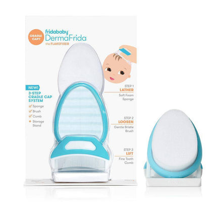 Frida Baby The 3-Step Cradle Cap System, DermaFrida The FlakeFixer, Sponge, Brush, Comb and Storage Stand for Babies with Cradle Cap, White-Blue