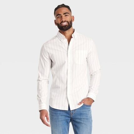 Men's Long Sleeve Button-Down Shirt - Goodfellow & Co™ Ivory XL: Slim Fit, Plaid Pattern, Cotton-Spandex Blend, Front Pocket