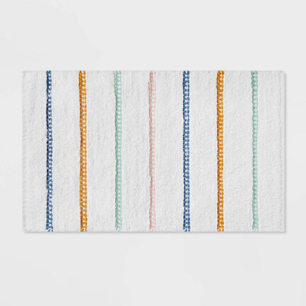 Striped Kids' Bath Rug White/Blue - Pillowfort: Cotton Woven Bath Mat, Kids Bathroom Decor, 1'8"x2'10"