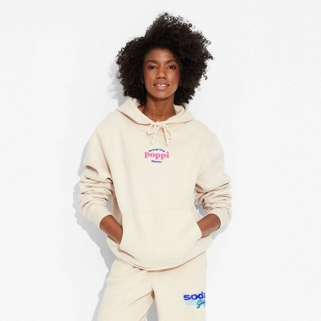 Adult Poppi Stay Juicy Graphic Hoodie Sweatshirt - Beige XL: Cotton-Polyester Blend, Kangaroo Pocket, Fleece