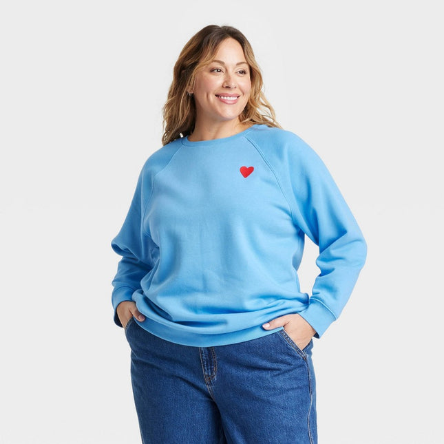 Women's Valentine's Day Heart Pullover Sweatshirt - Ava & Viv Blue XXL: Crew Neck, Raglan Sleeves