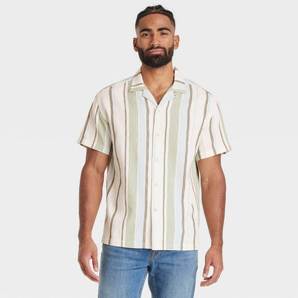 Men's Striped Short Sleeve Slub Camp Button-Down Shirt - Goodfellow & Co™ Sage Green S: Lightweight