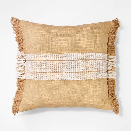 Threshold Woven Striped Square Throw Pillow Neutral 20in with Fringed Trim