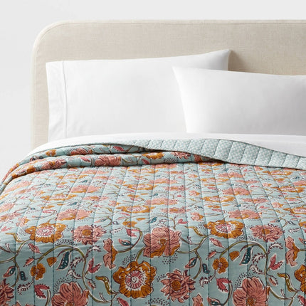 King Earthy Vines Quilt Light Teal Blue/Mustard Yellow/Light Pink Floral - Threshold: Cotton Voile, Machine Washable, 200 Thread Count
