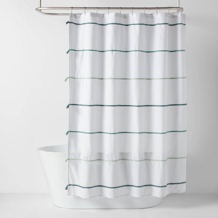 Striped with Tassels Kids' Shower Curtain Blue - Pillowfort: Twill, Machine Wash, Buttonhole Top, OEKO-TEX Certified