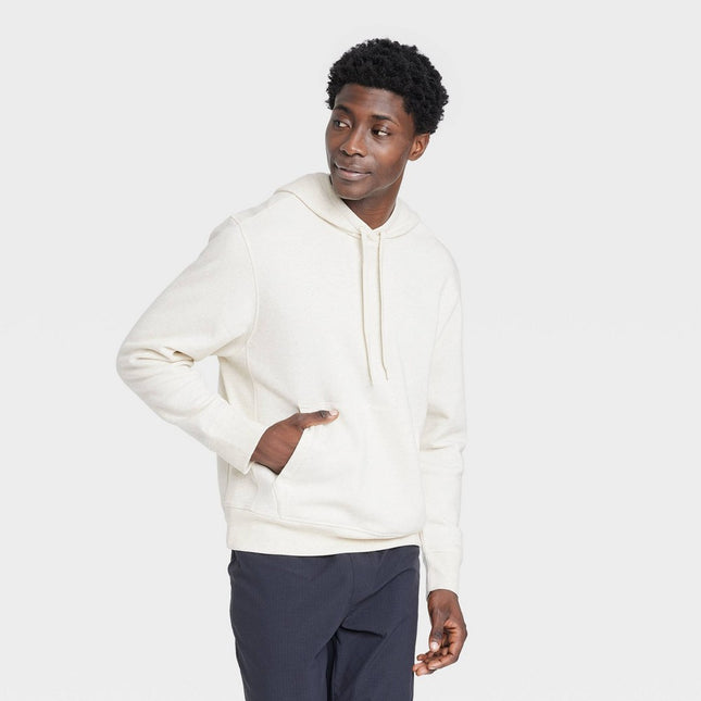 Men's Cotton Fleece Hooded Sweatshirt - All In Motion™ Oatmeal S: Kangaroo Pocket, Drawstring