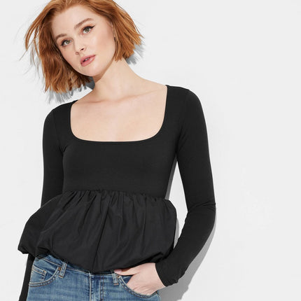 Women's Long Sleeve Squareneck Bubble Top - Wild Fable Black M: Recycled Nylon, Spandex, Cropped Knit