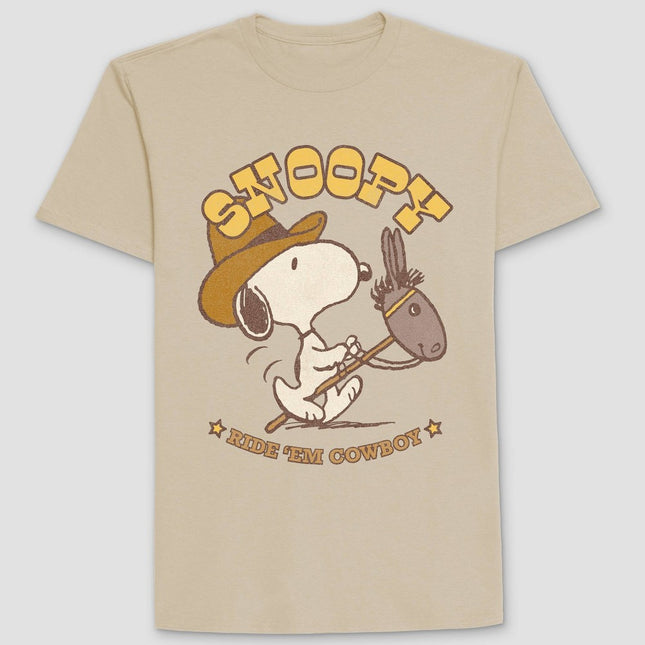 Men's Peanuts Snoopy Cowboy Roundneck T-Shirt - Tan L: Lightweight Cotton, Short Sleeve