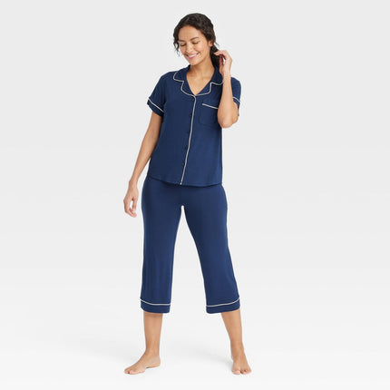Women's Cloud Knit Short Sleeve Notch Collar Top and Cropped Pants Pajama Set - Auden Navy Blue XL: Modal Spandex Blend, Button Down