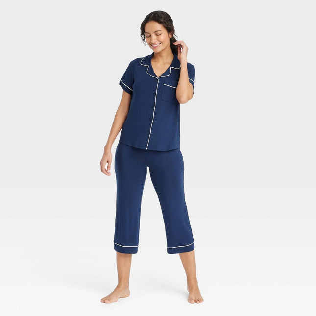 Women's Cloud Knit Short Sleeve Notch Collar Top and Cropped Pants Pajama Set - Auden Navy Blue XL: Modal Spandex Blend, Button Down
