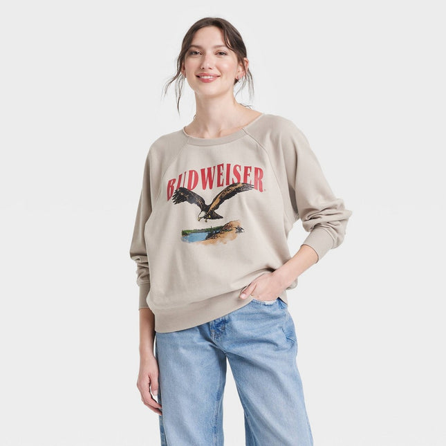 Women's Budweiser Eagle Graphic Sweatshirt - Taupe S: Anheuser-Busch Pullover, Cotton-Polyester Blend, Crew Neck, Raglan Long Sleeve