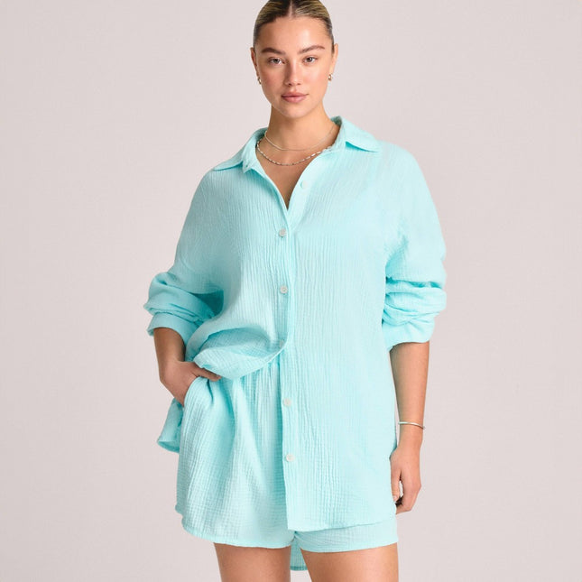 Vitamin A Women's Long Sleeve Gauze Cover Up Shirt - Aqua L: Cotton, Front Button, Woven, Opaque