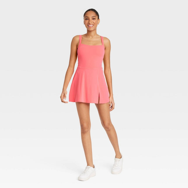 Women's Knit Squareneck Slit Active Dress - JoyLab Coral Orange S: Built-in Shorts, Sleeveless, Fit