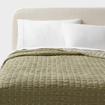 Full/Queen Yarn Dye Crinkle Grid Quilt Moss Green - Threshold: Weave, Machine Washable, OEKO-TEX Certified