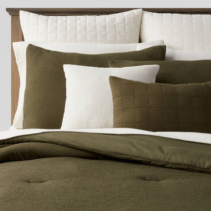 12pc Queen Micro Texture Comforter & Sheet Bedding Set Dark Green - Threshold: Polyester, OEKO-TEX Certified, Woven (Please be advised that sets may be missing pieces or otherwise incomplete.)
