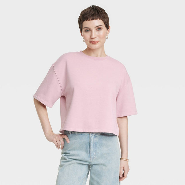 Women's Leisure Studio Short Sleeve Fleece Top - Universal Thread Pink XL: Cotton Blend, Midweight Knit, Crew Neck Pullover