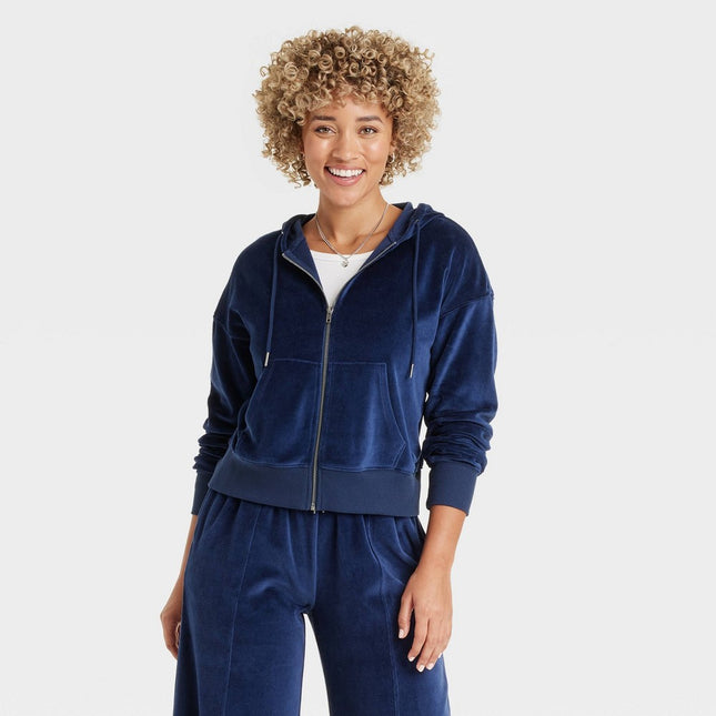 Women's Leisure Studio Velour Hoodie Sweatshirt - Universal Thread Navy Blue S