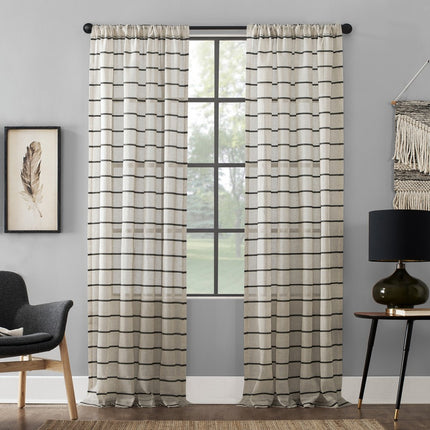 84"x52" Twill Stripe AntiDust Curtain Panel Black/Linen - Clean Window: Modern Light Filtering Striped Linen Panel
