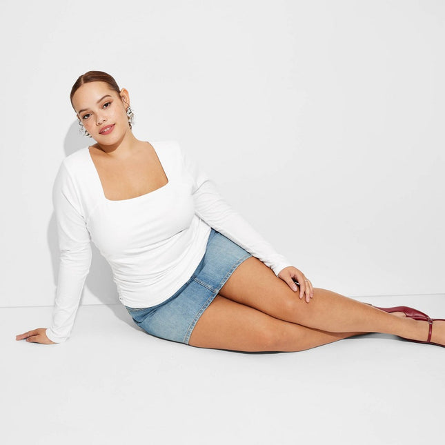 Women's Long Sleeve Ruched Squareneck Top - Wild Fable White XXL: Slim Fit, Lightweight Jersey, Pullover Style