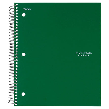 Five Star Spiral Notebook + Study App, 5 Subject, College Ruled Paper, 8-1/2" x 11", 200 Sheets, Fights Ink Bleed, Water Resistant Cover, Forest Green (72079)