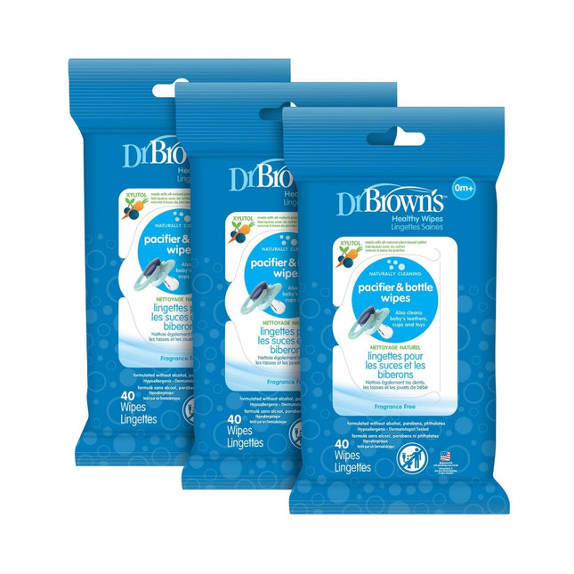 Dr. Brown's Bottle and Pacifier Healthy Wipes, Naturally Cleaning for Bottles and Baby Items, 40 Count, 3 Pack Multicolor