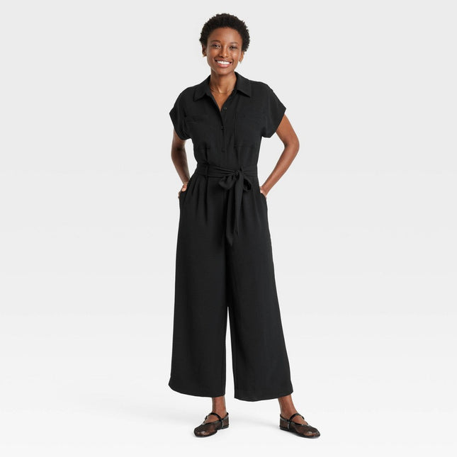 Women's Short Sleeve Jumpsuit - A New Day Black M: Collared, Front Button, Back Elastic, Woven Fabric